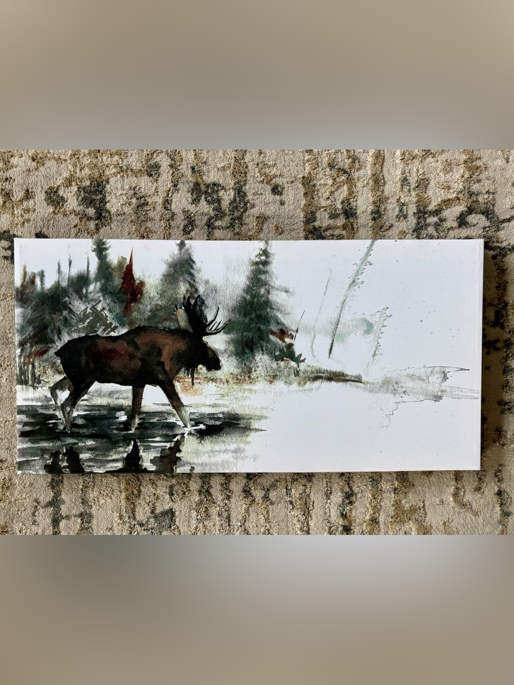 Moose in Alpine Forest Lake Painted Wraparound Canvas Print 10x20
